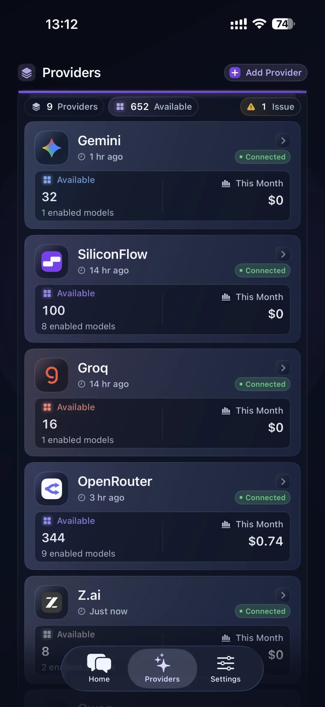 13 providers · ready to connect