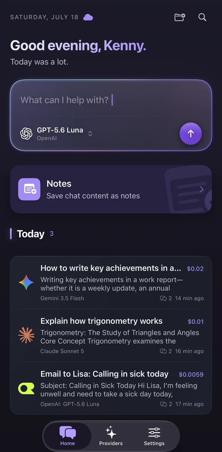 Oriveo on iPhone: the chat list, with the estimated cost of each conversation on the right.