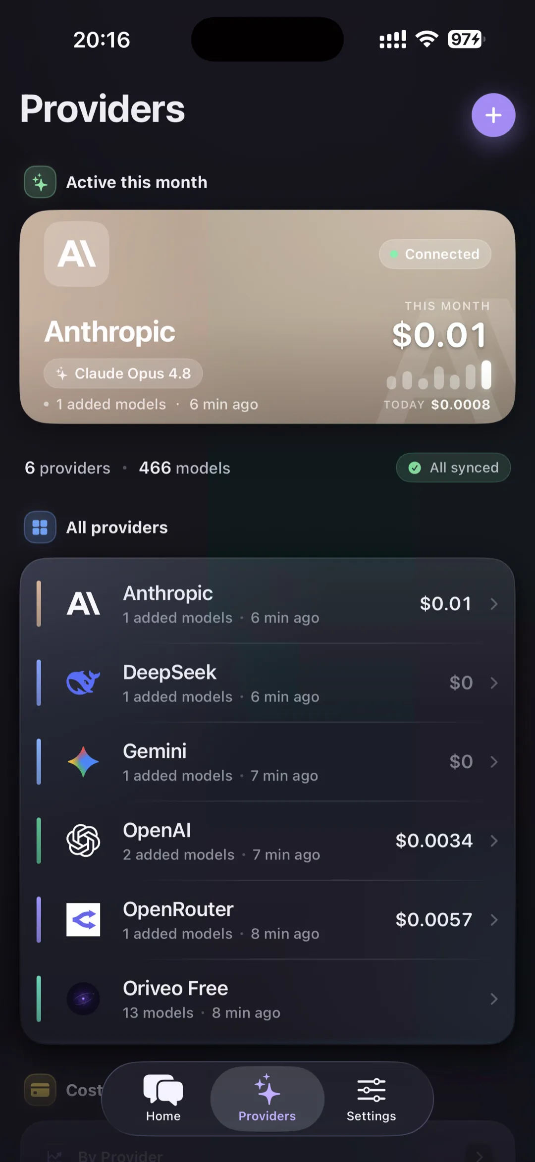 Oriveo provider management screen for locally configured API keys
