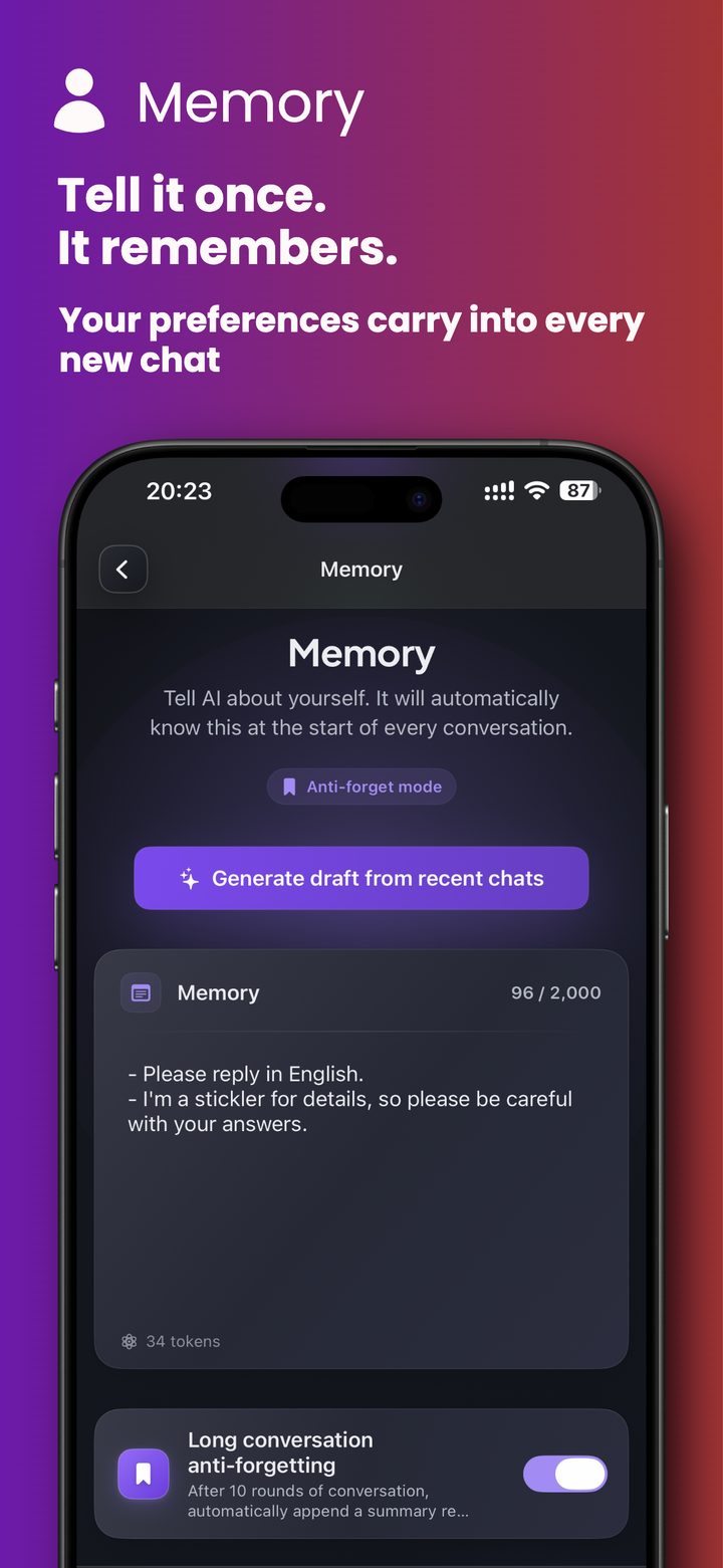 Oriveo App Store preview 7: Memory